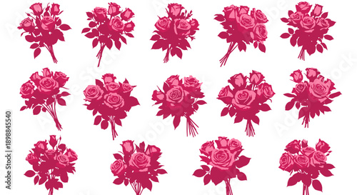 Set of pink floral bouquets with detailed roses and leaves