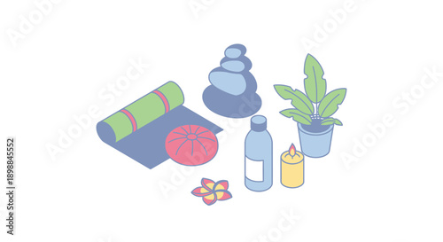Spa and wellness products with towels and potted plant.