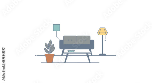 Minimalist living room interior with sofa and lamps.