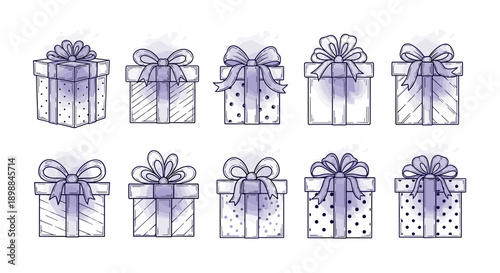 Set of twelve handdrawn gift boxes with ribbons and bows