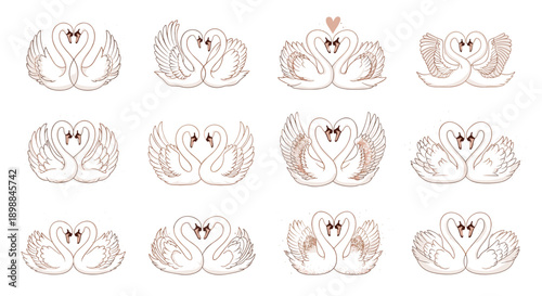 Set of twelve handdrawn love hearts with intricate patterns and details