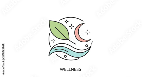 Simple line art wellness logo with leaf and moon.