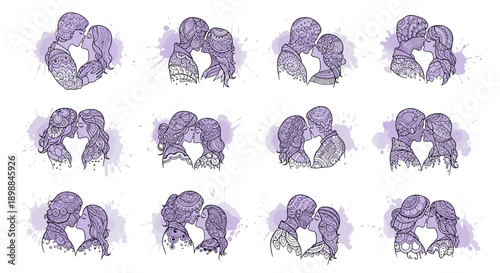 Set of twelve purple watercolor elephants in various playful poses