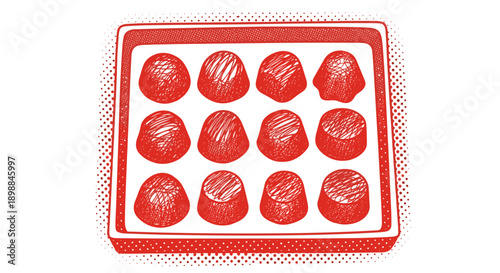 Closeup of assorted red candies arranged in a square tray
