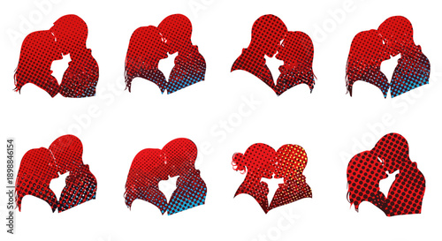 Set of eight red and blue heartshaped icons with star accents