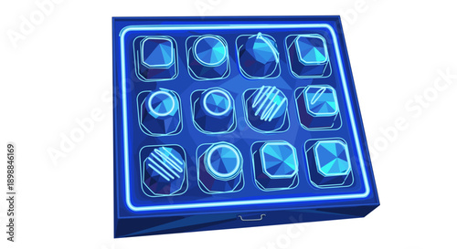 Blue ice cube tray with 15 transparent cubes dark