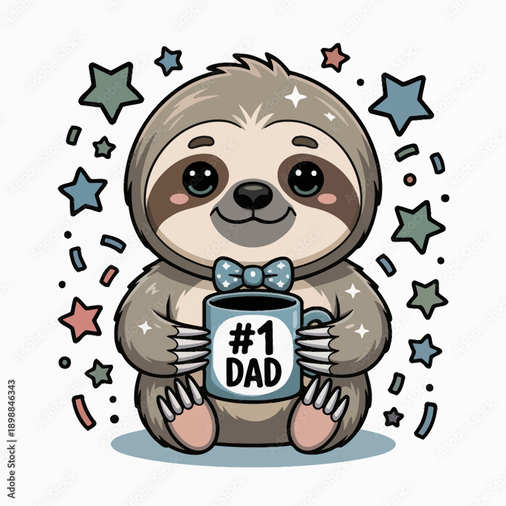 Naklejka premium A cartoon sloth sits holding a mug labeled '#1 Dad'. 