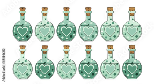Set of twelve decorative glass bottles with heart patterns and cork stoppers