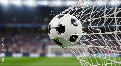 Soccer ball hitting the net during decisive goal moment, freeze action photography