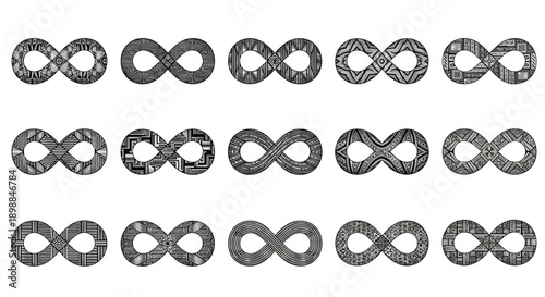 Set of infinity symbol icons with textured metallic appearance