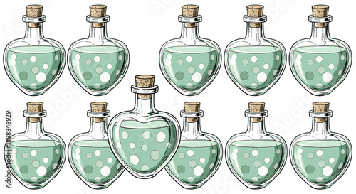 Collection of glass potion bottles with cork stoppers