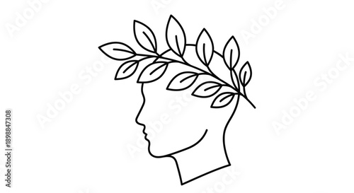 Line drawing of a human head profile adorned with a laurel wreath