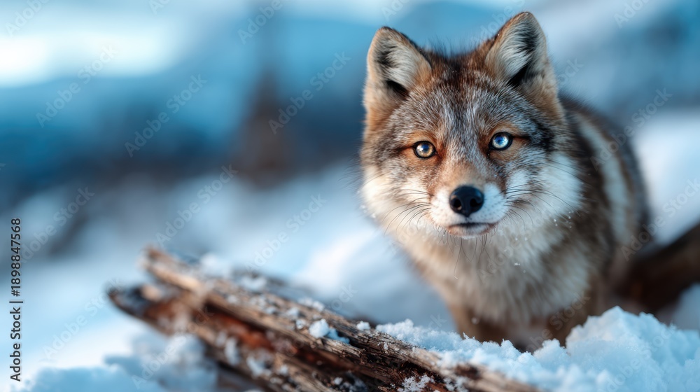 Obraz premium A wild fox with bright eyes observes its surroundings in a serene snowy landscape, highlighting the beauty and curiosity of nature's creatures in their habitat.