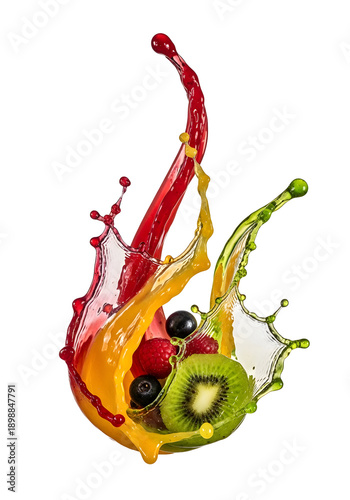 An artistic and vibrant splash of fruit juice with various fruits displayed, captured in a stunning, dynamic moment