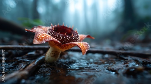 An enigmatic flower blooms in a misty forest, capturing the essence of natural beauty and uniqueness, draped in dew droplets, representing the wonders of nature’s resilience.