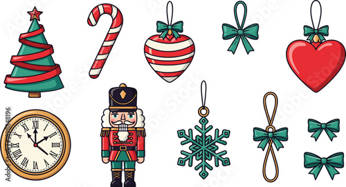 Christmas Ornament Elements Set with Tree Candy Cane Nutcracker Clock and Snowflake Vector Illustration