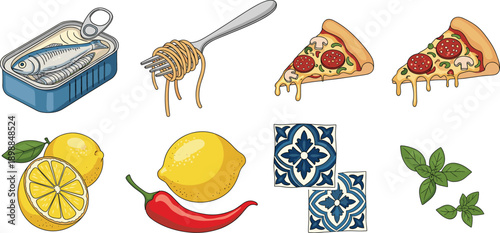 Mediterranean Food Set with Sardines Pizza Lemon Chili Pepper Pasta and Tiles, Hand Drawn Vector Illustration
