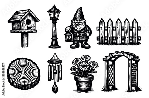 Vintage hand drawn garden essentials set featuring a gnome, birdhouse, fence, and other outdoor decorative items for home and park design