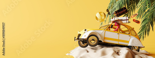Photography Pink flamingo in retro yellow car on sand beach with summer accessories