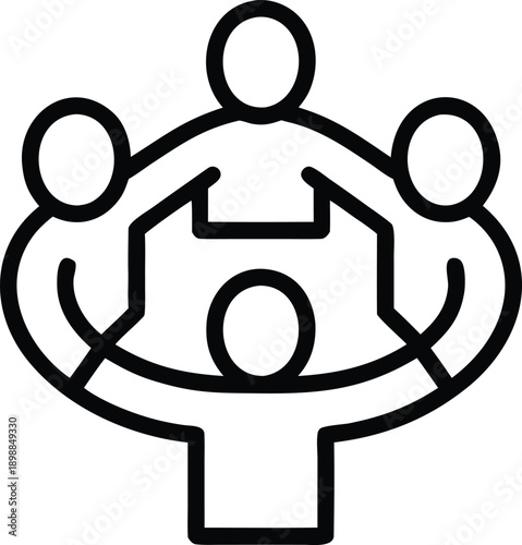 Five people forming a circular protective barrier, united group protecting a central figure, team support
