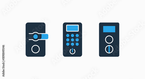 Smart home device icons: smart lock, remote control, and smart thermostat for home automation.
