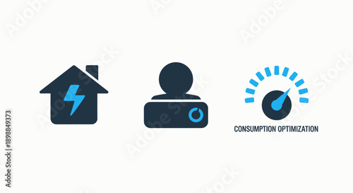 Energy Management Icons: Home Power, User Profile, and Consumption Optimization Meter for Smart Home and Efficiency