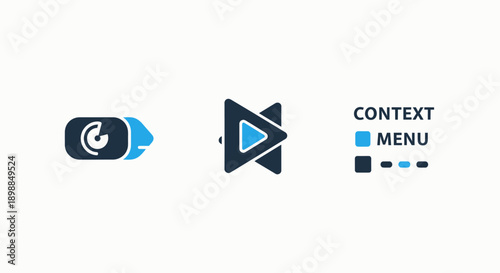 Collection of three UI icons: eye icon for tracking, play button for media, and context menu for interface elements, in blue and dark.