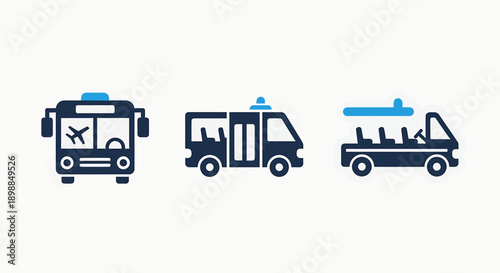 Icons for different types of transportation: airplane, bus, and open-air shuttle, in blue and dark tones, for travel and transit.