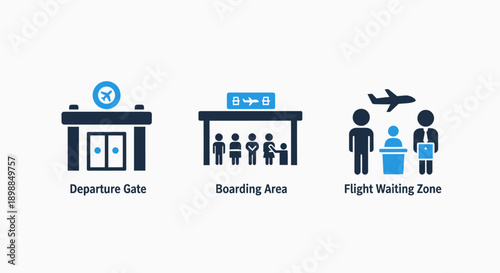 Airport and Travel Icons: Departure Gate, Boarding Area, and Flight Waiting Zone