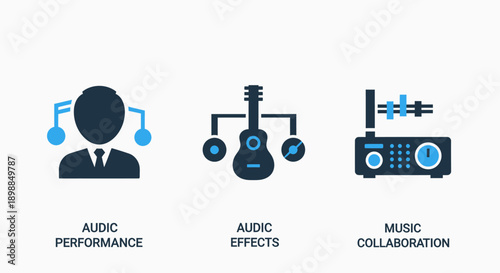 Set of flat icons representing audio performance, sound effects, and music collaboration, perfect for technology and creative industries.