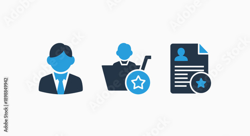 Icons symbolizing career: businessman, talent in a shopping cart, and resume with a star rating, ideal for recruitment and HR.