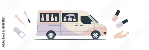 Flat illustration of manicure van with icons – Ideal for beauty service websites, digital marketing, or infographics.