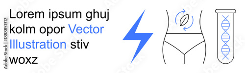 Health research, medical advancements, wellness diagnostics, fitness technology, bioengineering, innovation in healthcare. Elements include DNA strand, body outline electric bolt. Health research