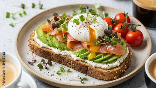 Quadro su tela Gourmet Sandwich and Burger Food Photography Series - Avocado toast with poached