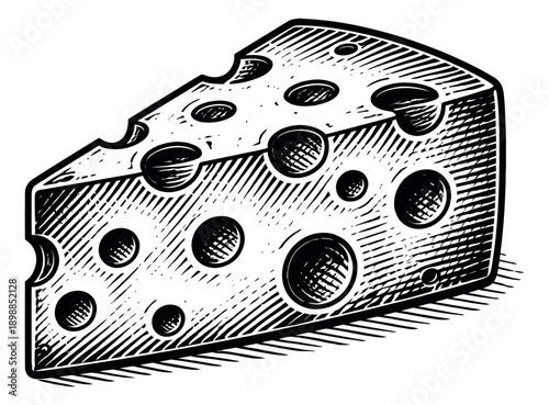 Woodcut style illustration of a cheese wedge depicting its characteristic holes for restaurant menus and dairy product branding