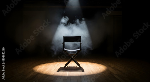Empty directors chair on a stage under a spotlight with smoke symbolizing performance audition or creative process