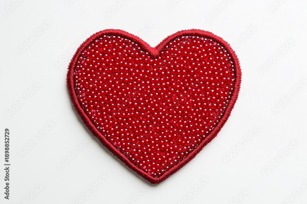 Fototapeta premium Red heart patch embroidered with red beads on a white background.