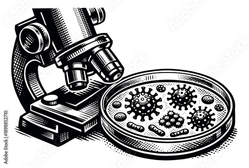 Hand drawn line art illustration of a microscope and petri dish depicting microorganisms for scientific research