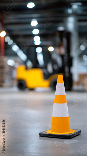 Close-up of an orange traffic cone on a warehouse floor with blurred forklift  © Curioso.Photography