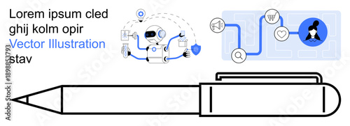 Workflow optimization, AI technology, business strategy, digital innovation, automation tools, creativity. Robotic AI, connected icons pen graphic. AI technology and workflow optimization concept