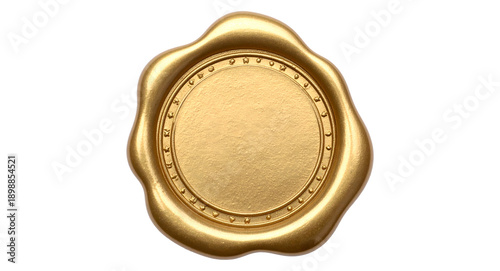 Fotografie Golden wax seal isolated on transparent background, blank round stamp for certif