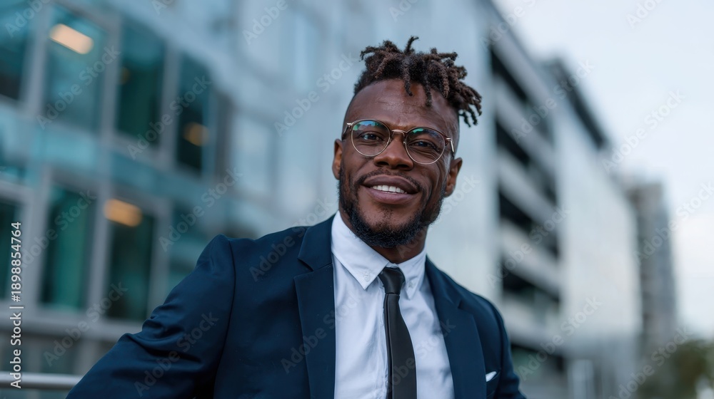 Fototapeta premium This image presents a fashionable man in a stylish suit with glasses, smiling confidently in an urban outdoor setting, embodying modern professionalism and charisma.