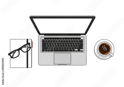Modern workspace with laptop, notebook, glasses, and coffee