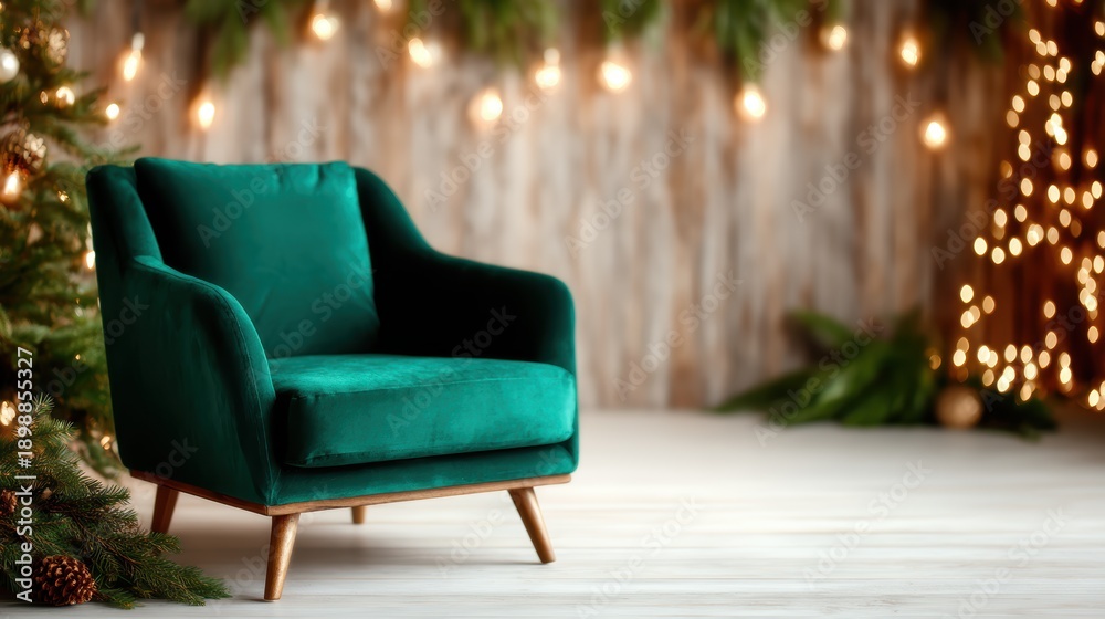 Obraz premium An inviting green velvet chair set against a backdrop of warm holiday lights and decorations, creating a cozy atmosphere perfect for relaxation and celebration during festive seasons.