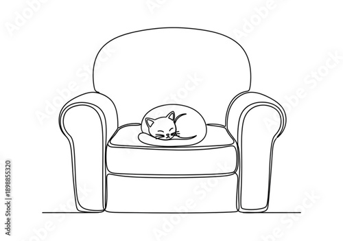 Sleeping cat curled up on a cozy armchair at home