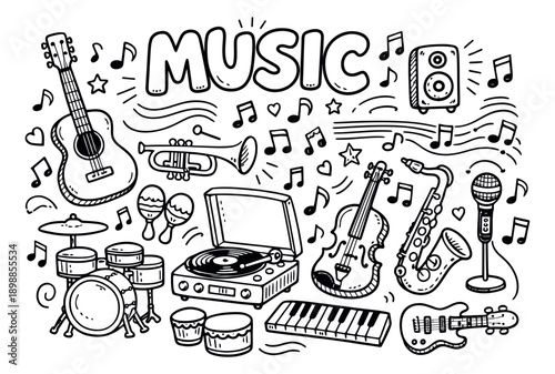Hand drawn line art music doodle set featuring instruments, notes, and the word music for creative design and decoration