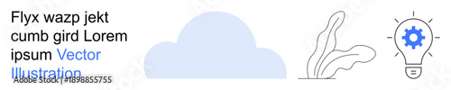 Technology, innovation, sustainability, cloud computing, creativity, environment. Simplistic designs of a cloud, a plant and a lightbulb. Technology and innovation concepts are