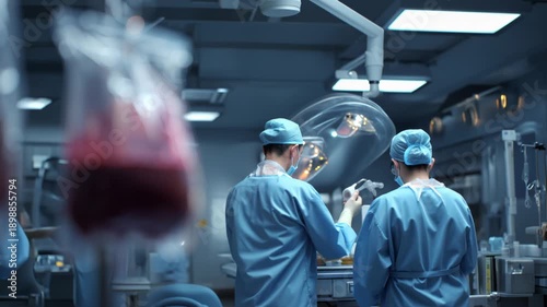 Medical team uses blood bag during surgery in hospital setting at night to treat patient with serious condition