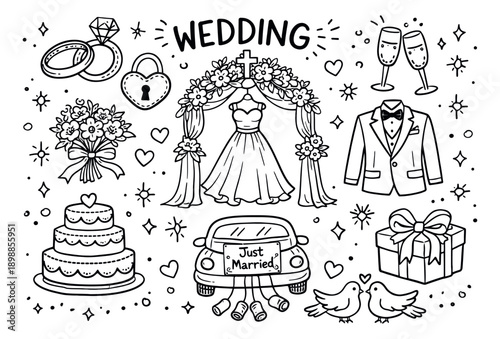 Hand drawn line art wedding clip art set featuring wedding rings, a bridal arch, dress, suit, car, cake, bouquet, and champagne glasses for marriage and celebration designs