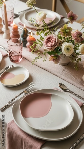 March 8. International Women's Day. Elegant dining table set for International Women's Day featuring pastel plates, floral centerpiece, and decorative candles in a cozy indoor setting